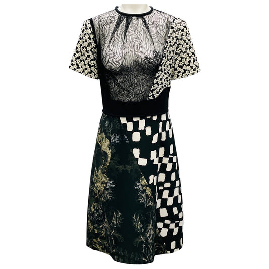 Preen by Thornton Bregazzi Black / White Multi Mixed Media Lace and Embroidery Short Sleeved Midi Cocktail Dress