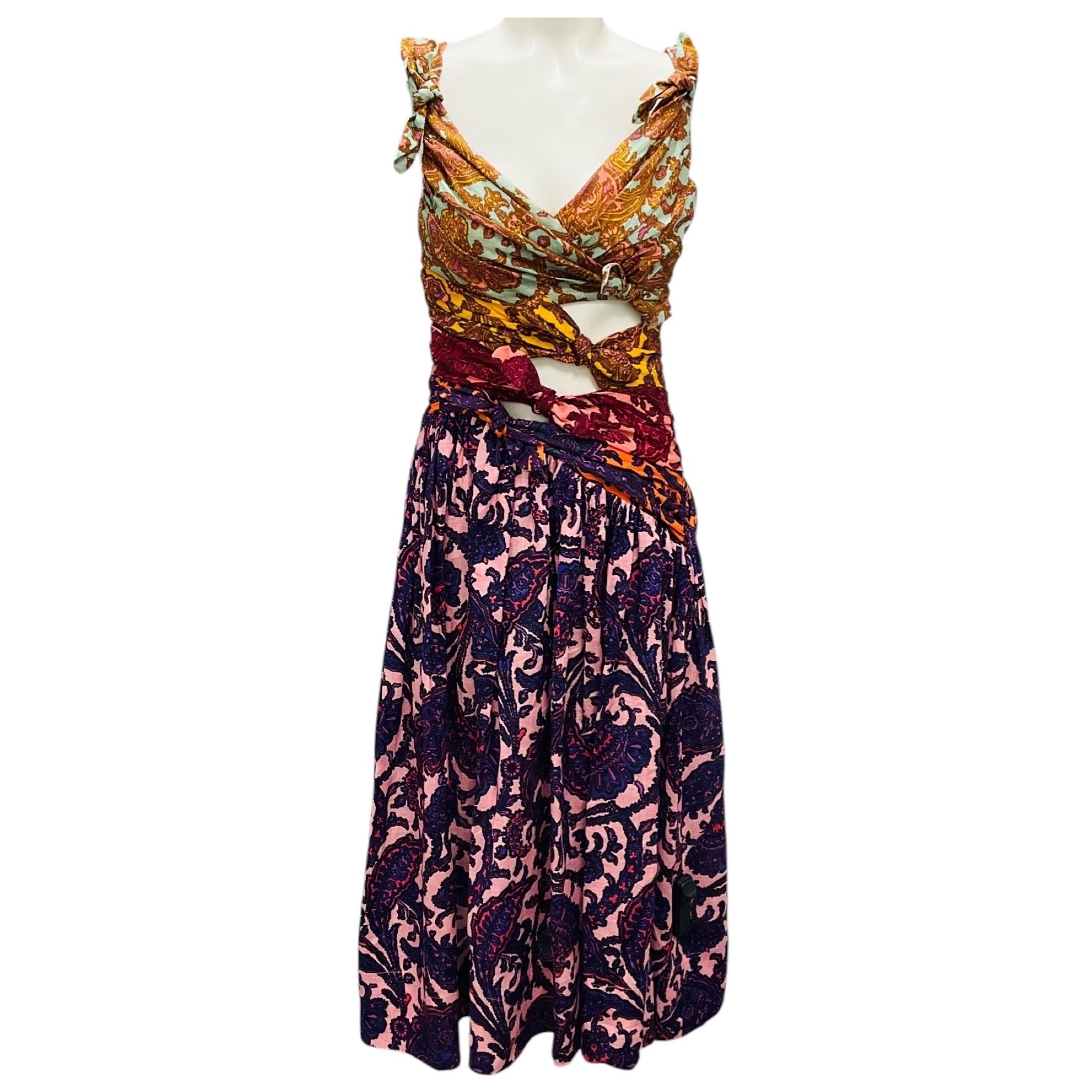 Zimmermann Purple Multi Spliced Paisley Tiggy Bow Midi Dress
