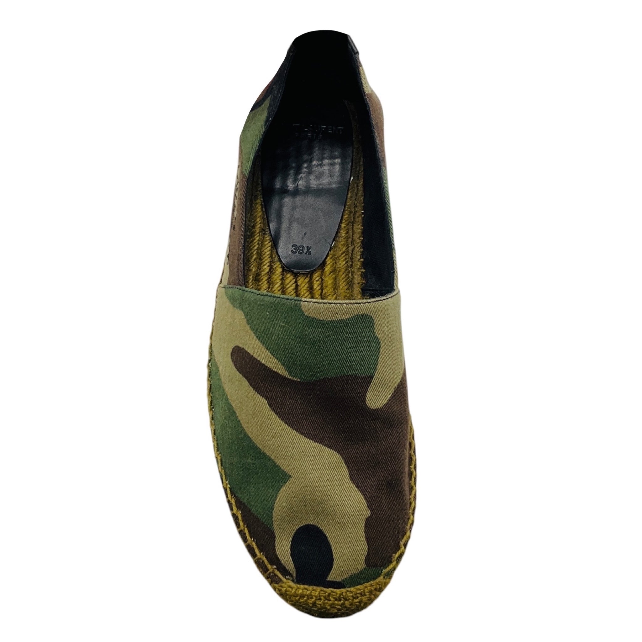 Saint Laurent Green Camouflage Print Logo Embroidered Canvas Espadrille Flats