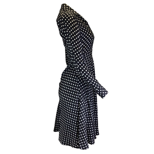 Salon 1884 Black / White Polka Dot Print Long Sleeved Button-Front Silk Midi Dress