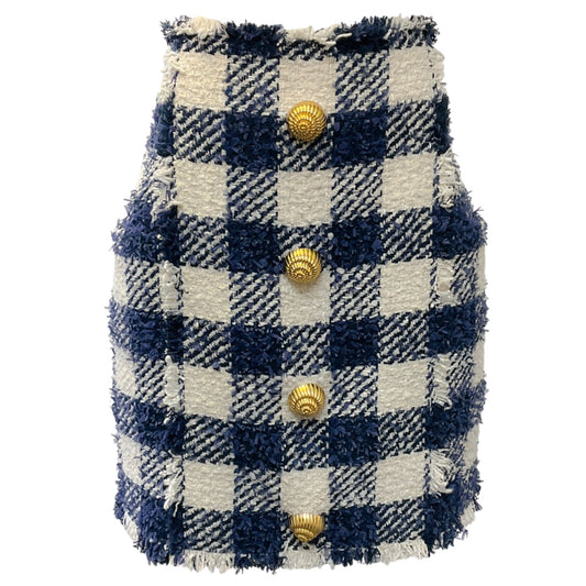Balmain Cream / Marine Blue Gingham High Rise Mini Skirt with Gold Buttons
