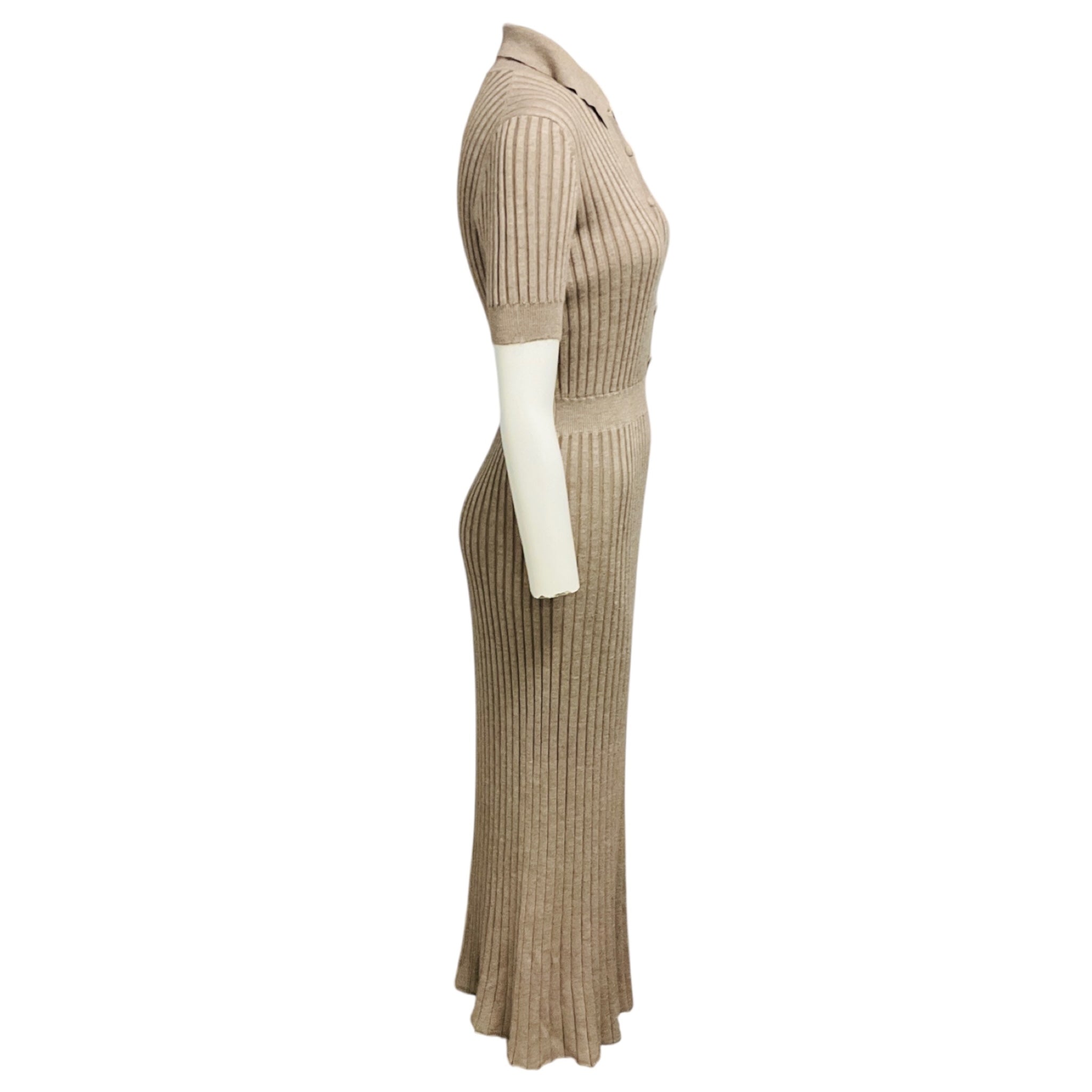 Gabriela Hearst Beige Ribbed Silk and Cashmere Knit Midi Dress