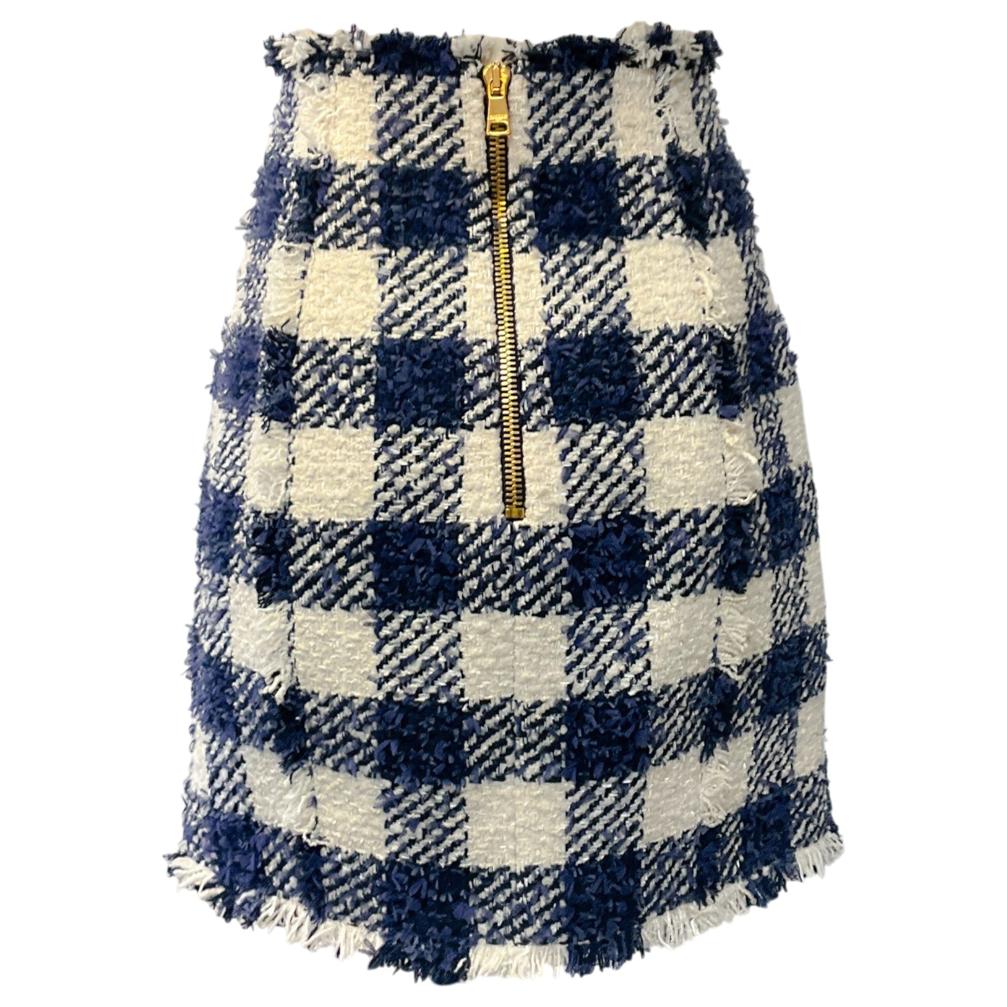 Balmain Cream / Marine Blue Gingham High Rise Mini Skirt with Gold Buttons