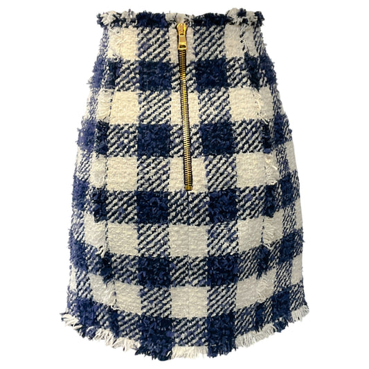 Balmain Cream / Marine Blue Gingham High Rise Mini Skirt with Gold Buttons
