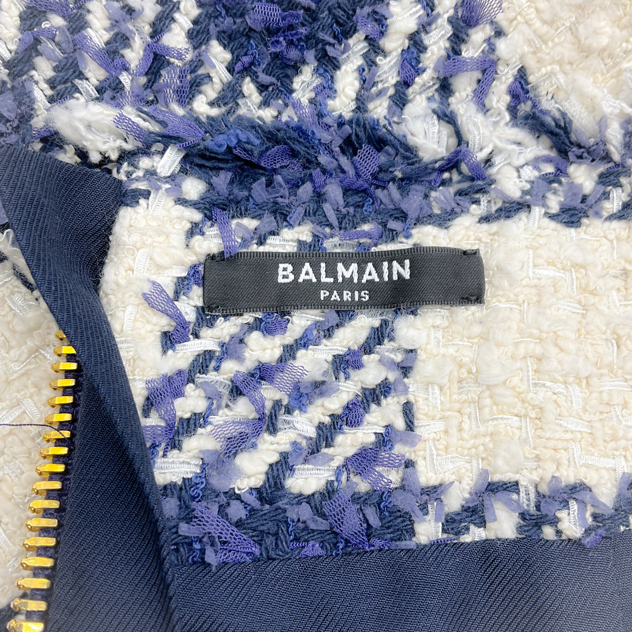 Balmain Cream / Marine Blue Gingham High Rise Mini Skirt with Gold Buttons