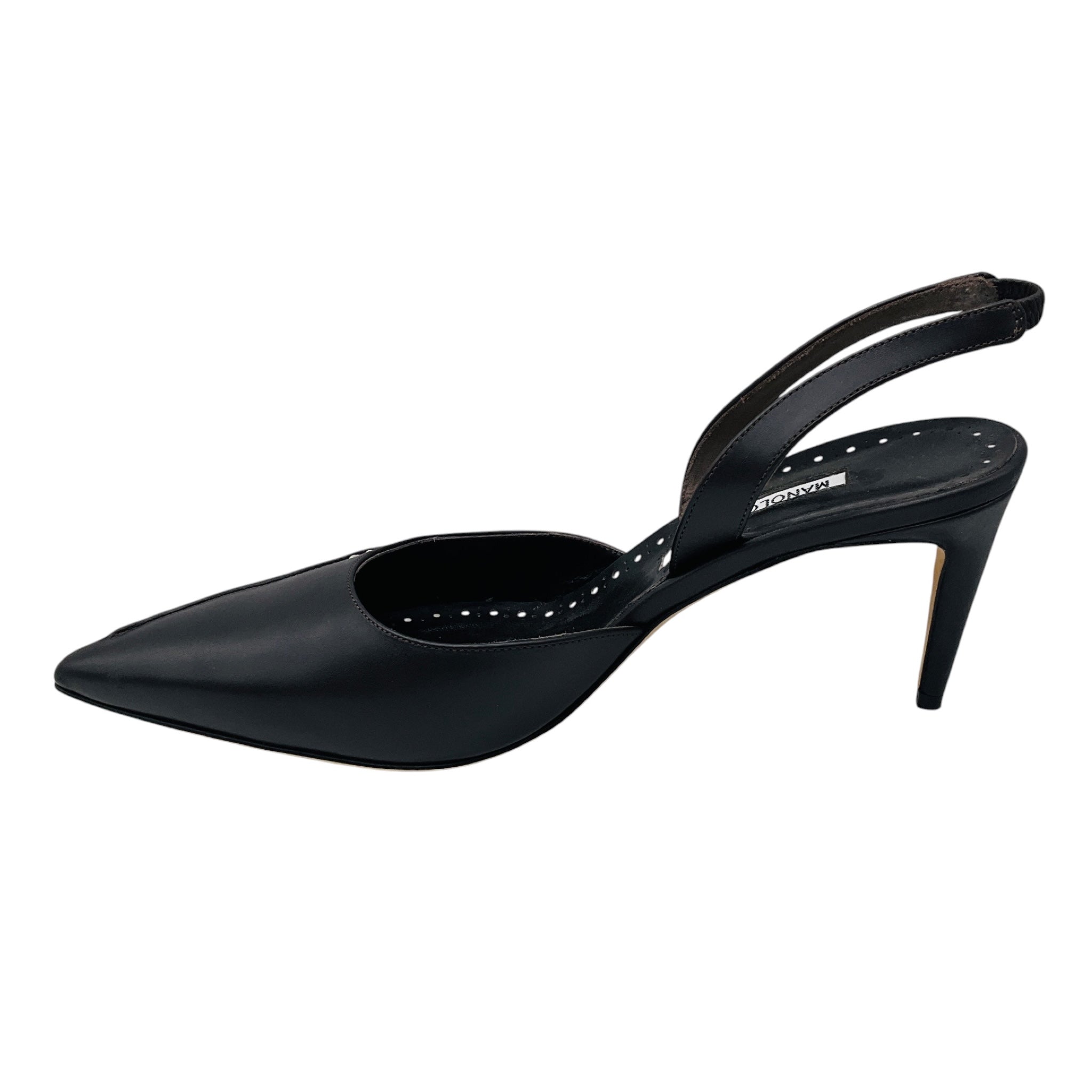 Manolo Blahnik Dark Brown Homerasli Pointed Toe Calf Leather Slingback Pumps with Contrast White Stitching