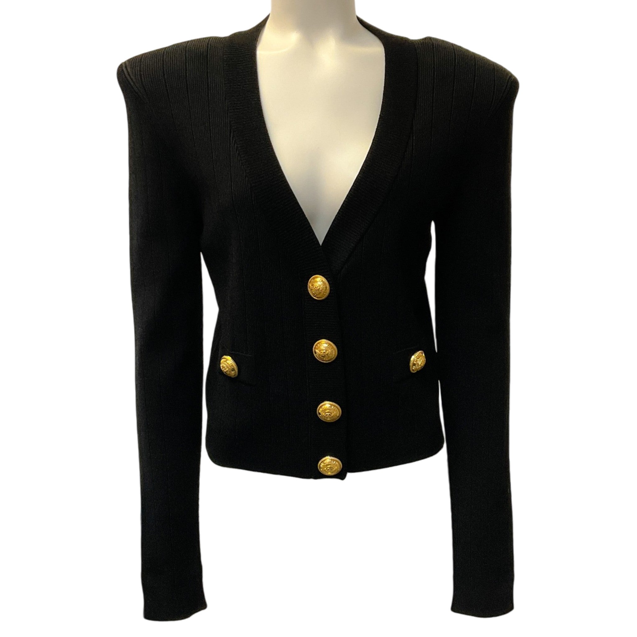 Balmain Black Ribbed Knit V Neck Cardigan with Gold Buttons