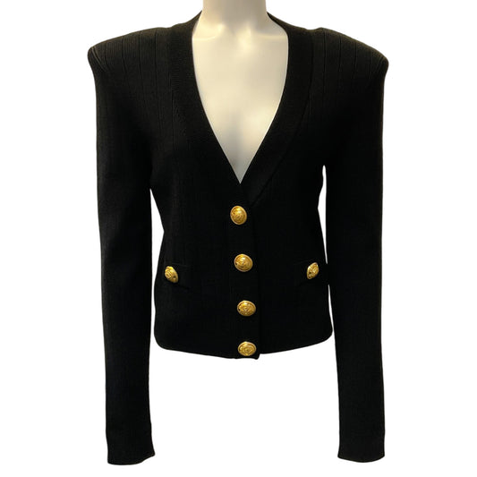 Balmain Black Ribbed Knit V Neck Cardigan with Gold Buttons