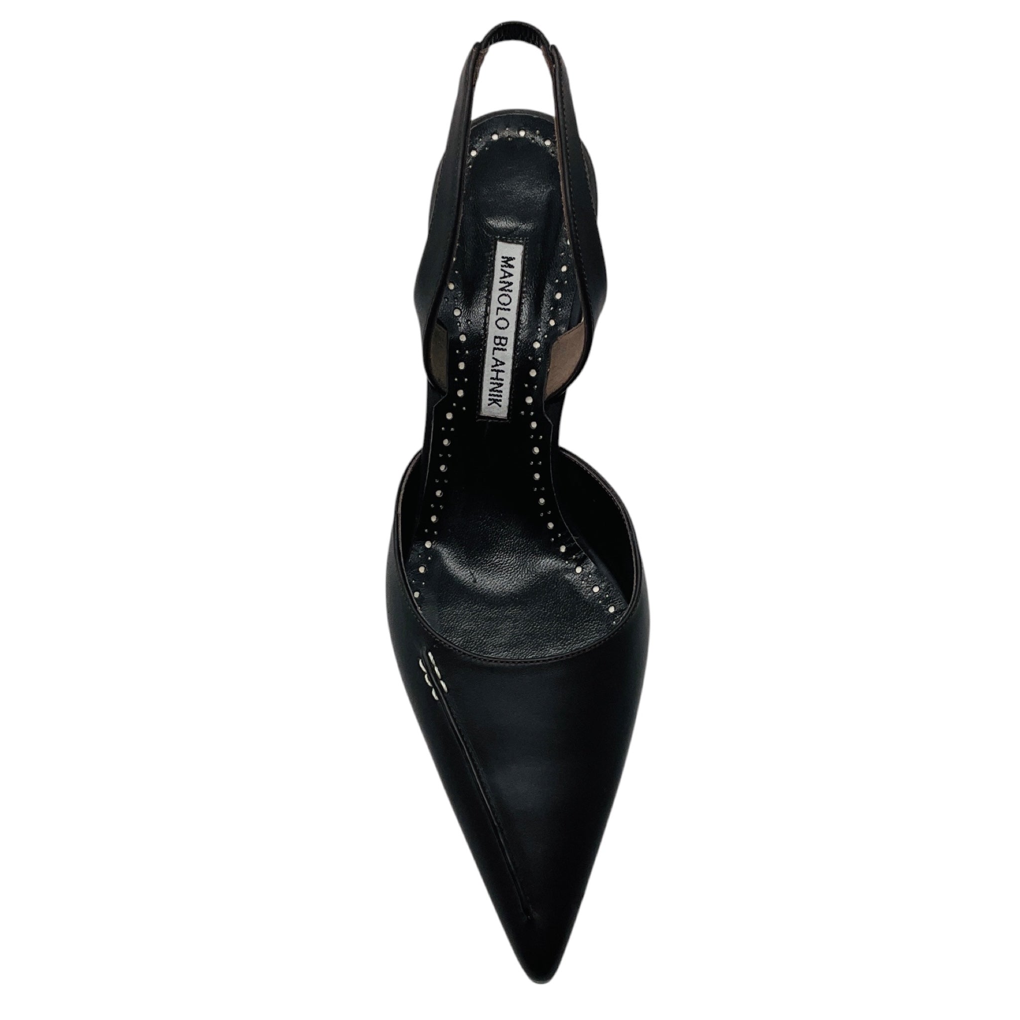 Manolo Blahnik Dark Brown Homerasli Pointed Toe Calf Leather Slingback Pumps with Contrast White Stitching