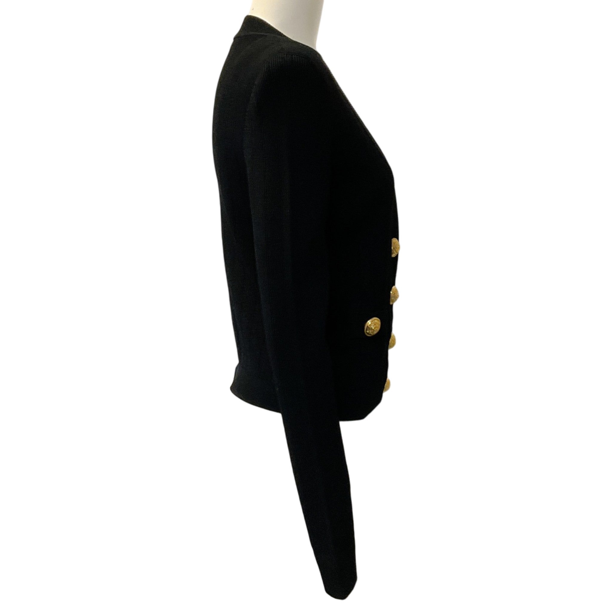 Balmain Black Ribbed Knit V Neck Cardigan with Gold Buttons
