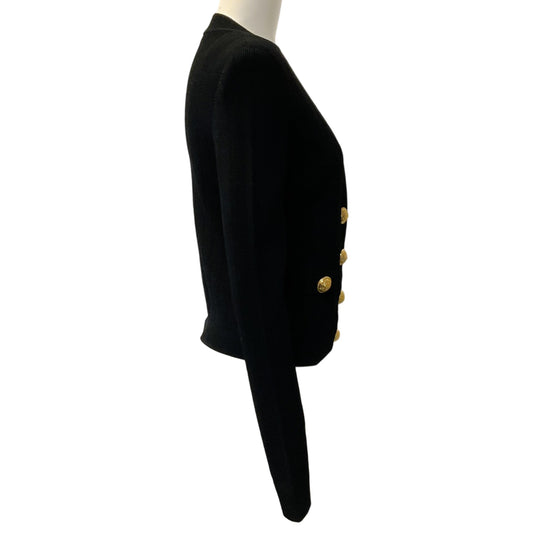 Balmain Black Ribbed Knit V Neck Cardigan with Gold Buttons