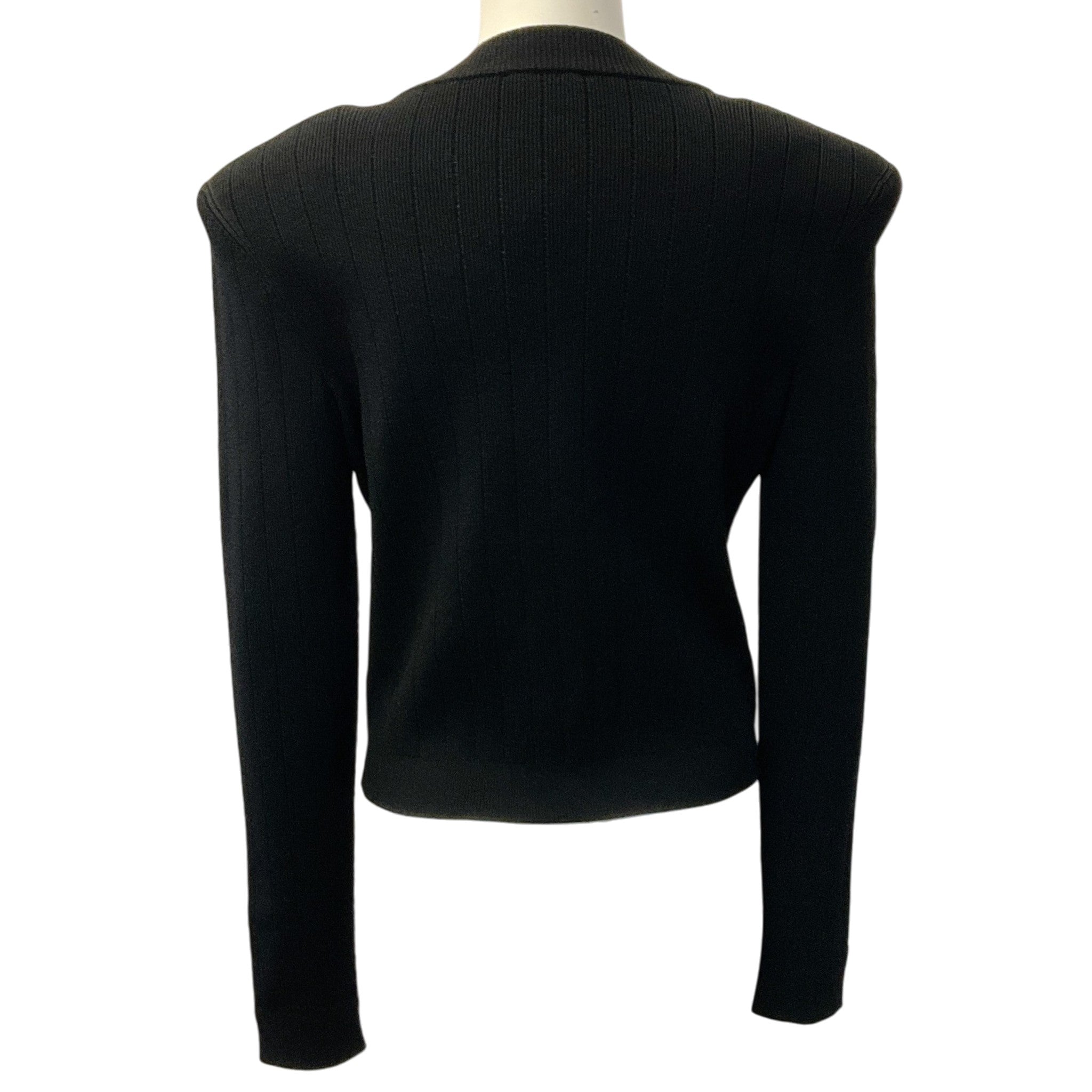 Balmain Black Ribbed Knit V Neck Cardigan with Gold Buttons