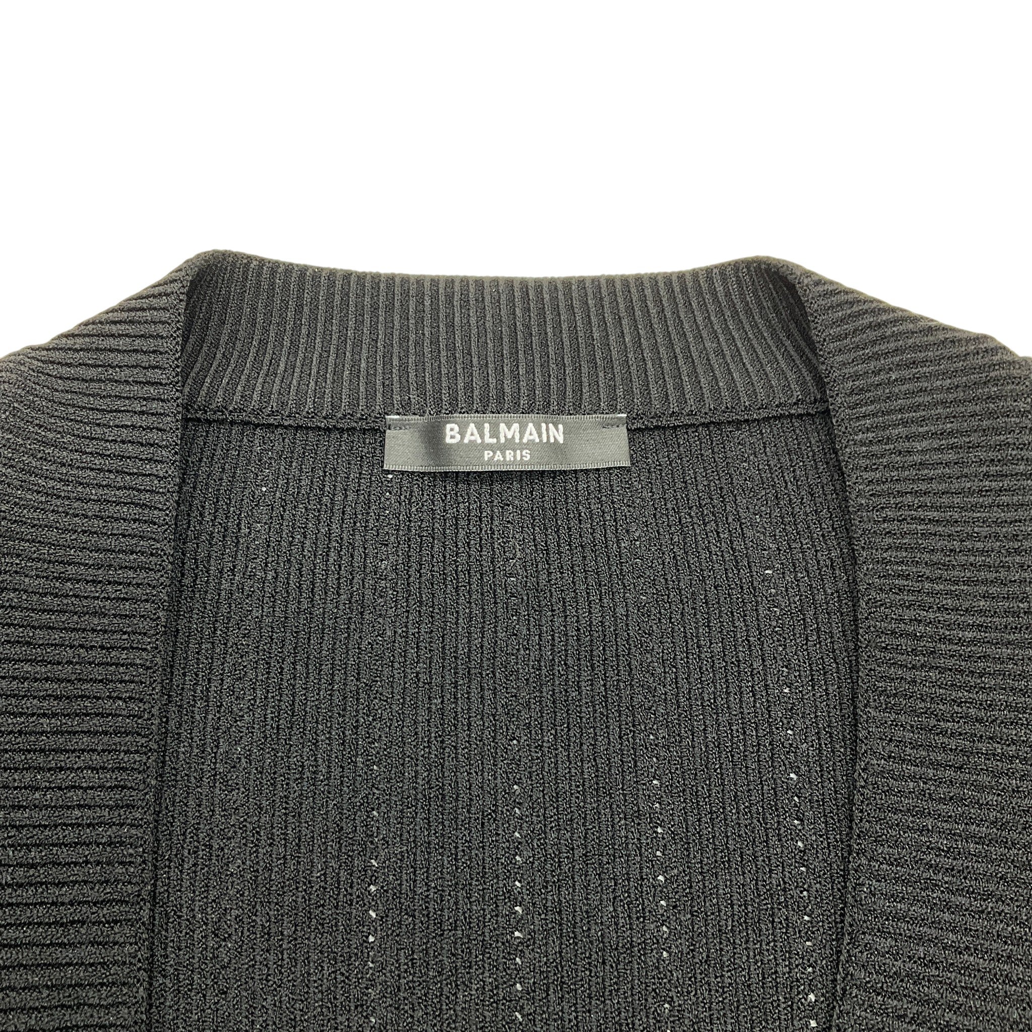 Balmain Black Ribbed Knit V Neck Cardigan with Gold Buttons