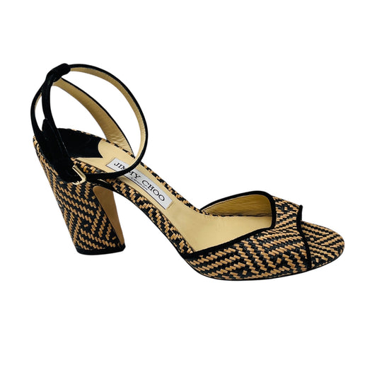 Jimmy Choo Tan / Black Edina Woven Raffia Ankle Strap Sandals with Suede Trim