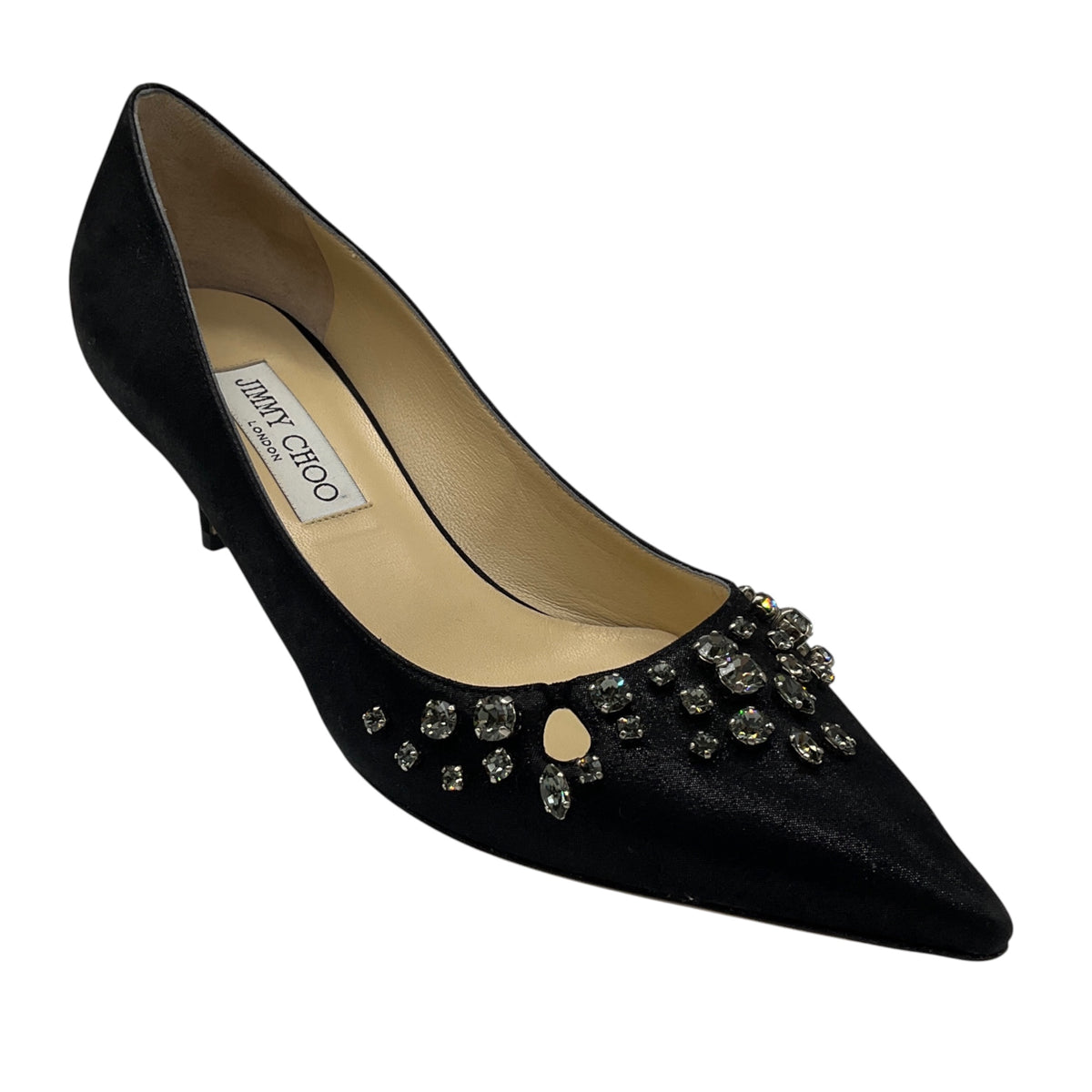 Jimmy Choo Black Crystal Embellished Pointed Toe Mid Heel Satin Pumps