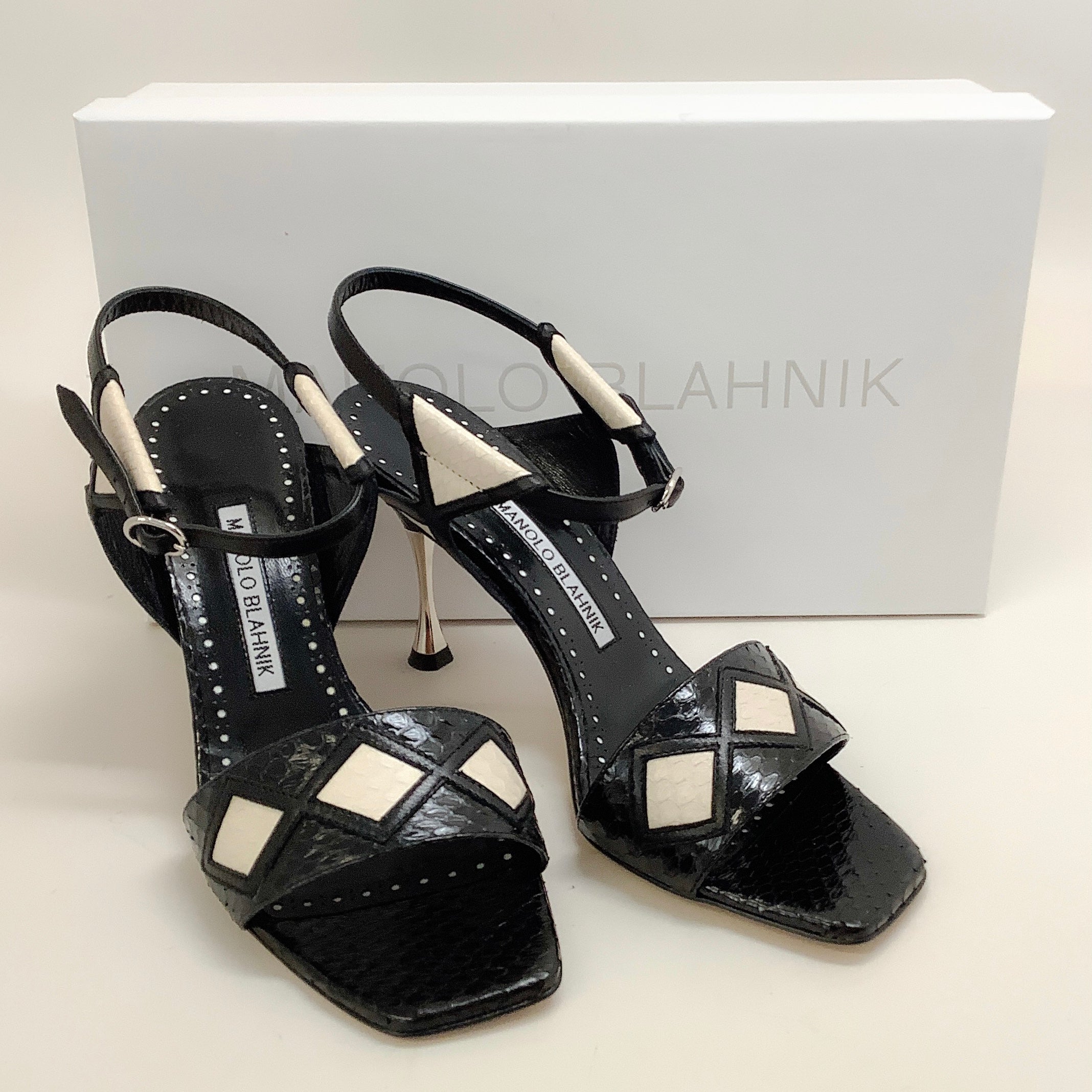 Manolo Blahnik Black / White Snake Jarba Sandals