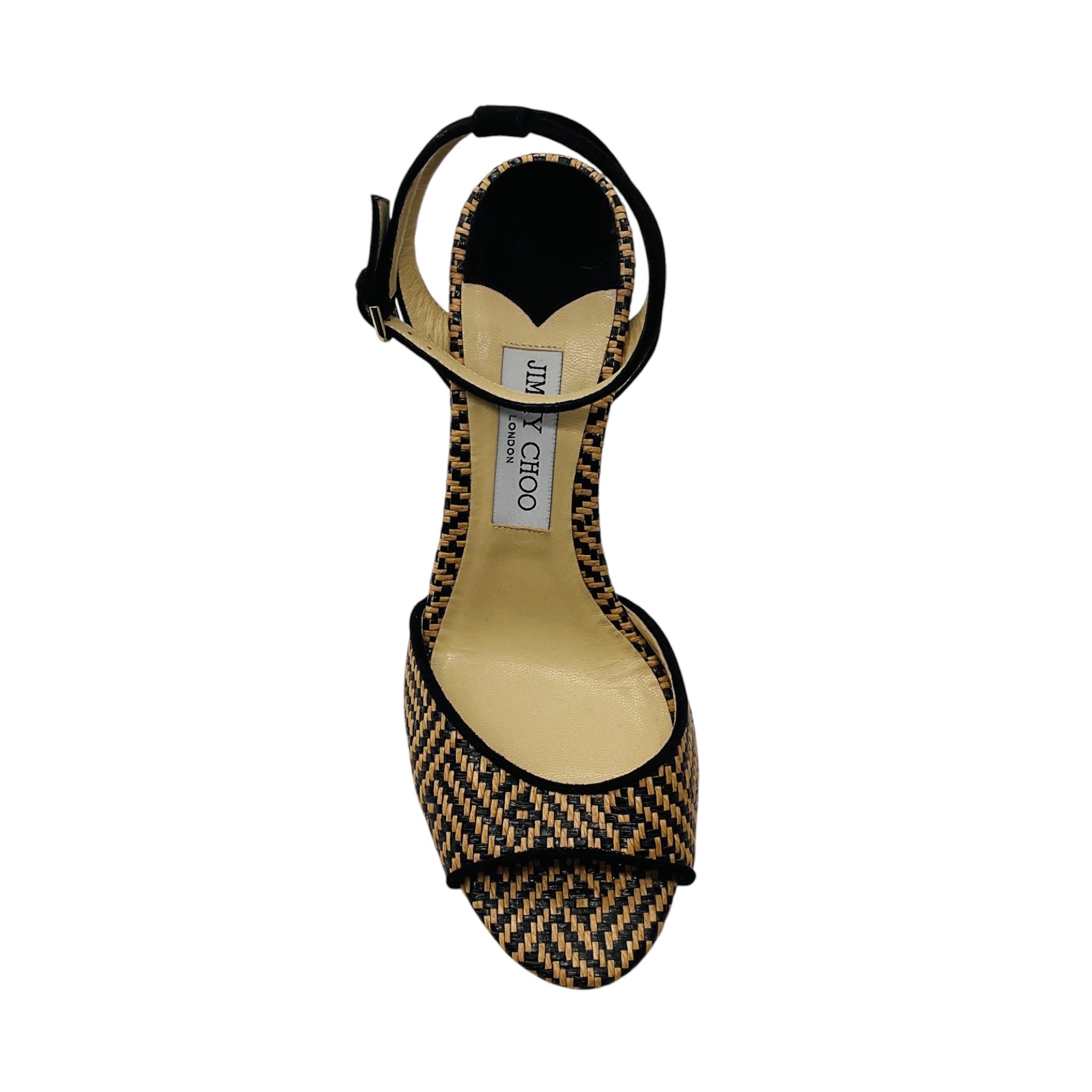 Jimmy Choo Tan / Black Edina Woven Raffia Ankle Strap Sandals with Suede Trim