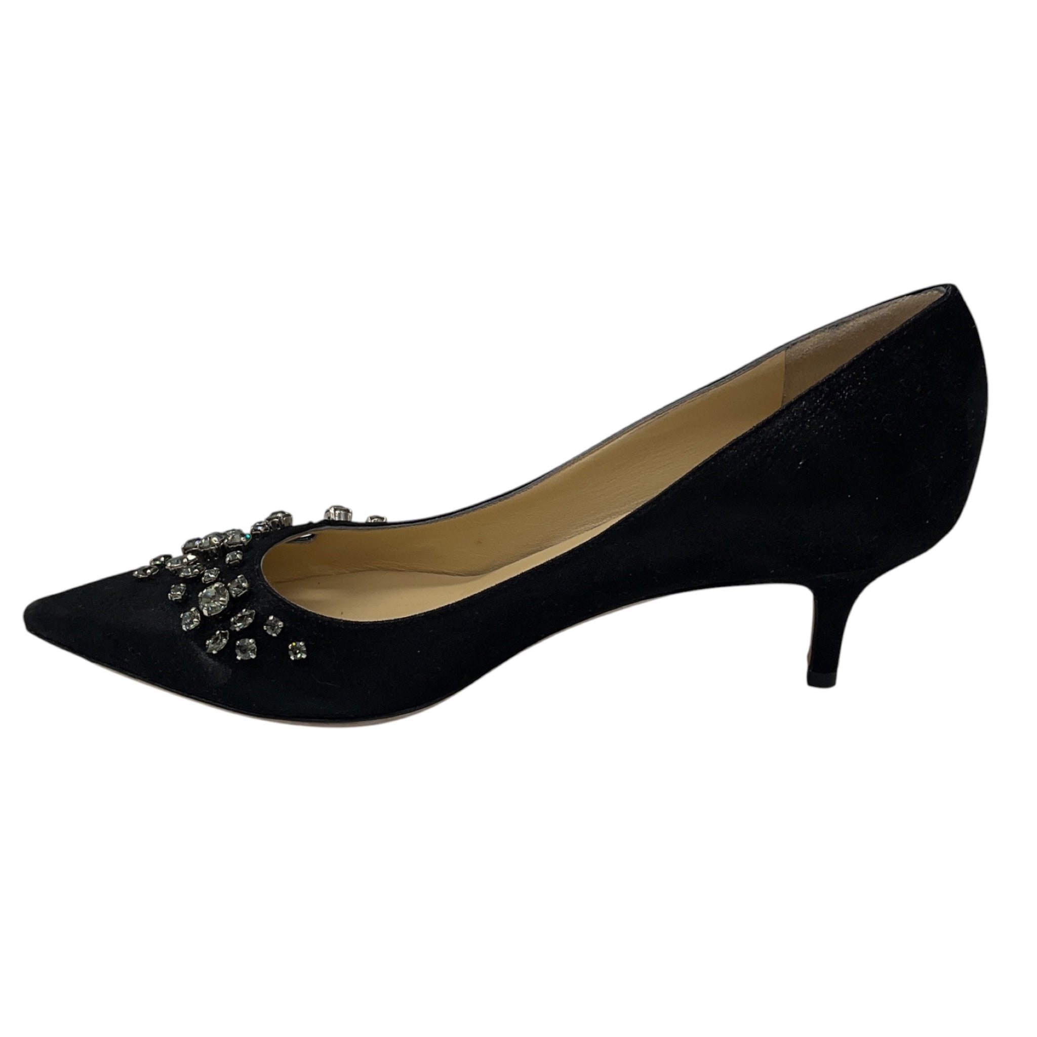 Jimmy Choo Black Crystal Embellished Pointed Toe Mid Heel Satin Pumps