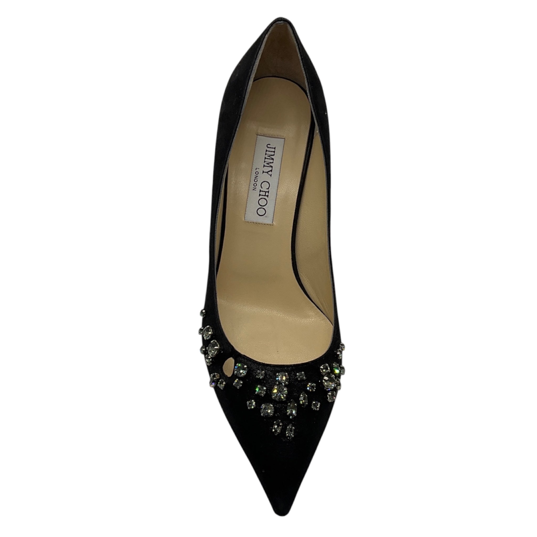 Jimmy Choo Black Crystal Embellished Pointed Toe Mid Heel Satin Pumps