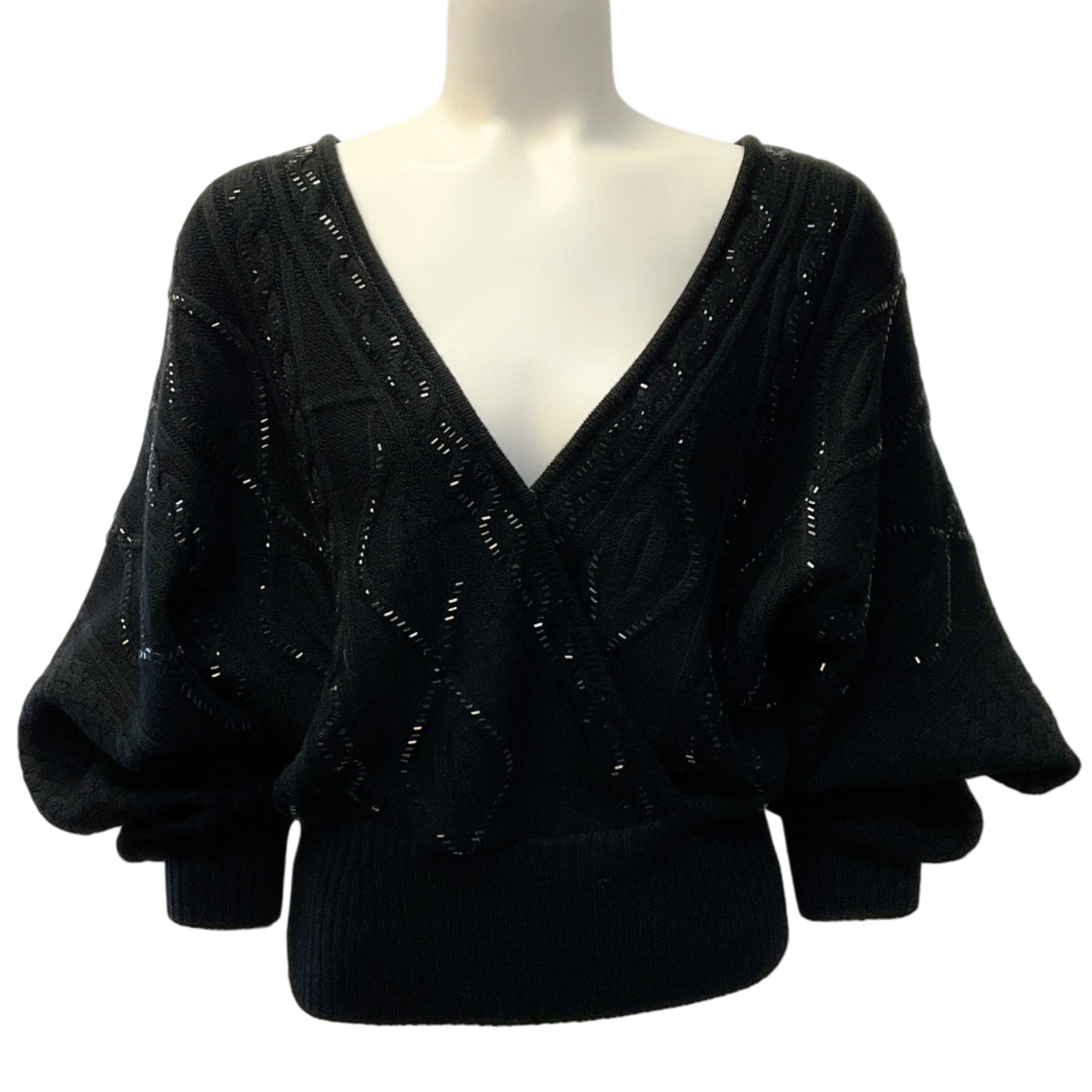 Camilla Black Wool Cable Knit Bead Embellished Surplice Sweater
