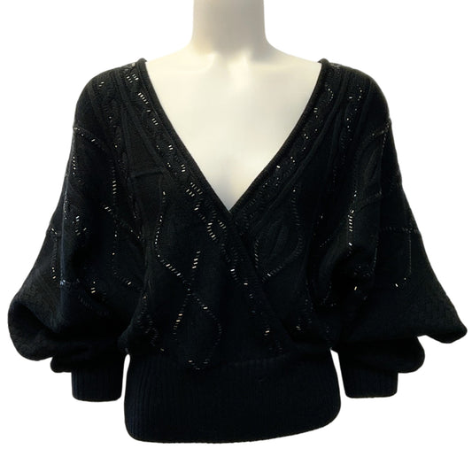 Camilla Black Wool Cable Knit Bead Embellished Surplice Sweater
