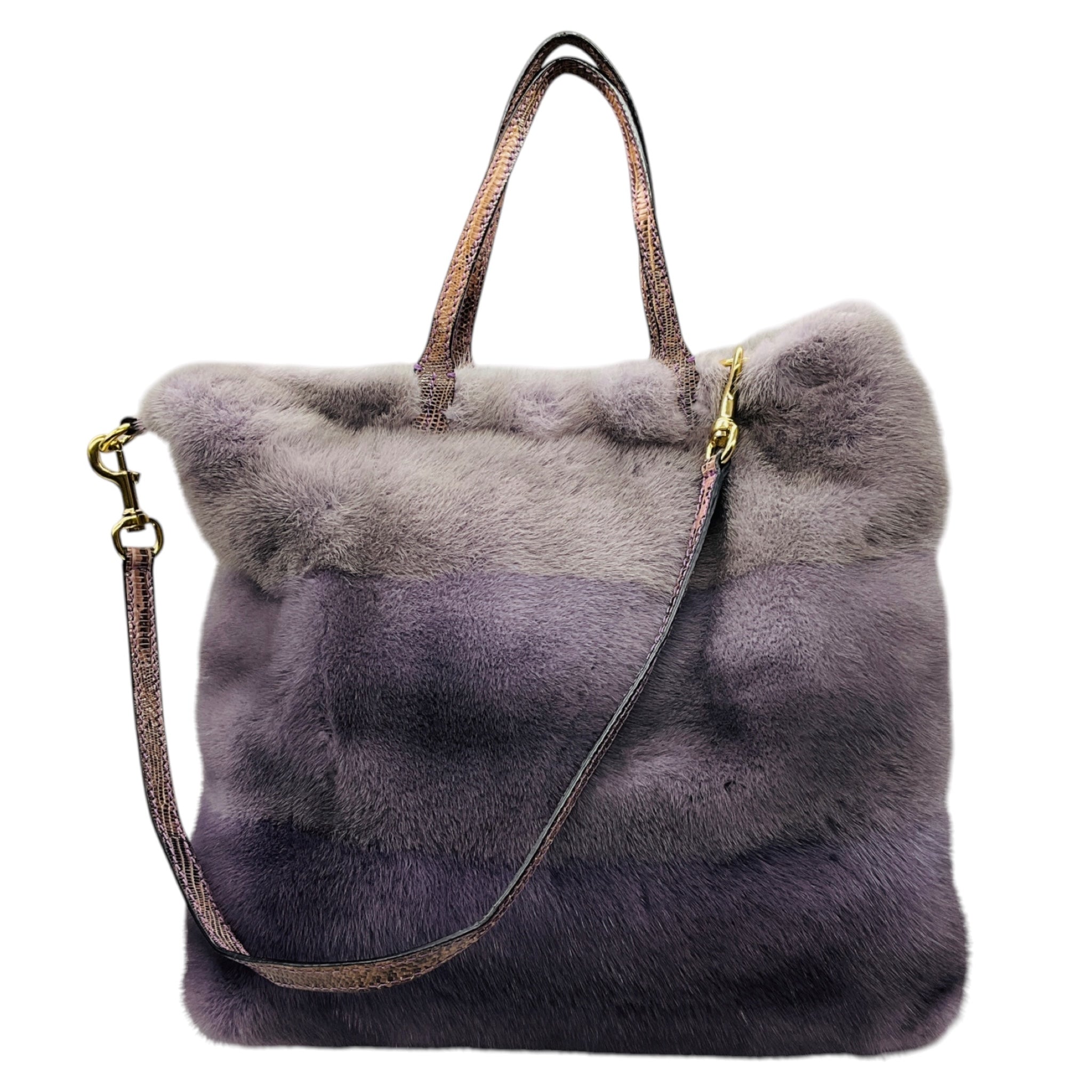 Valentino Lilac Ombre Effect Mink Fur Tote Handbag with Shoulder Strap and Embossed Leather Trim