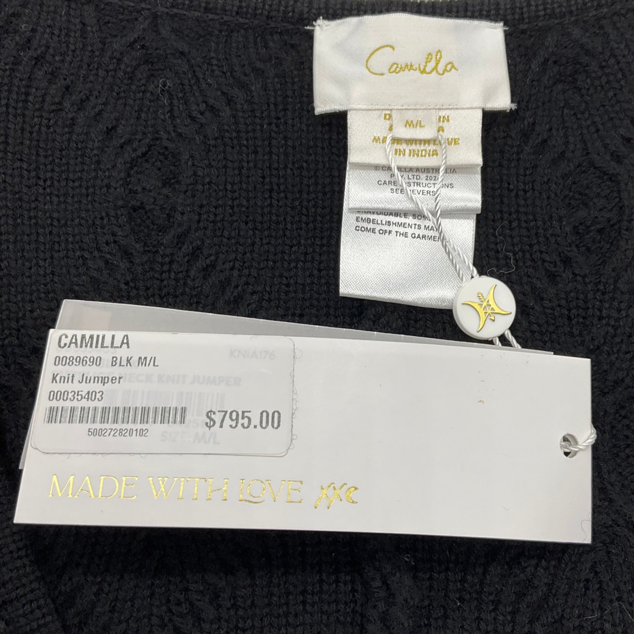Camilla Black Wool Cable Knit Bead Embellished Surplice Sweater