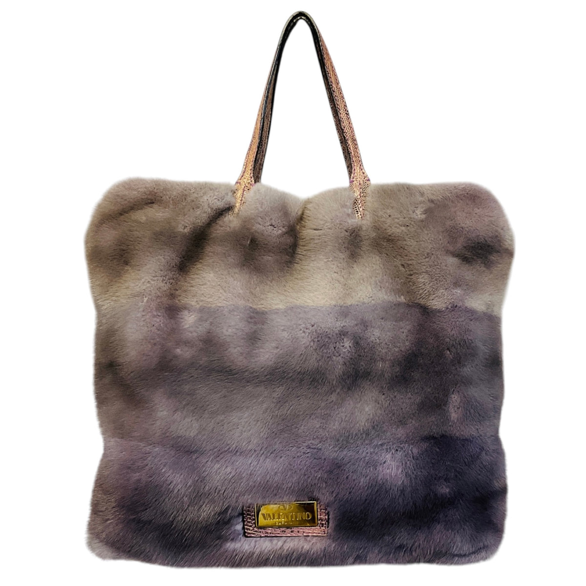 Valentino Lilac Ombre Effect Mink Fur Tote Handbag with Shoulder Strap and Embossed Leather Trim
