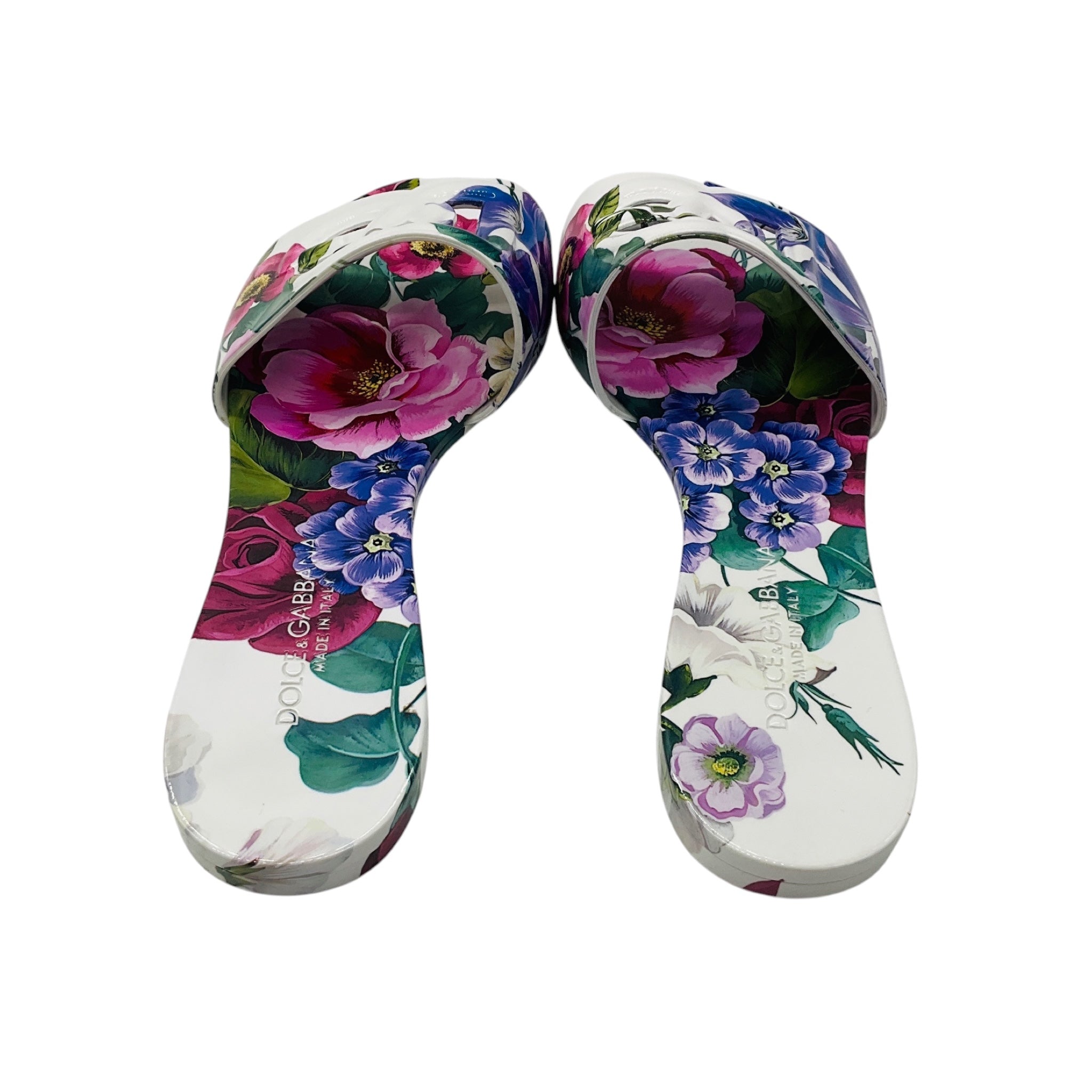 Dolce & Gabbana White / Pink / Purple Multi Floral Print Bianca Interlock Slide Sandal