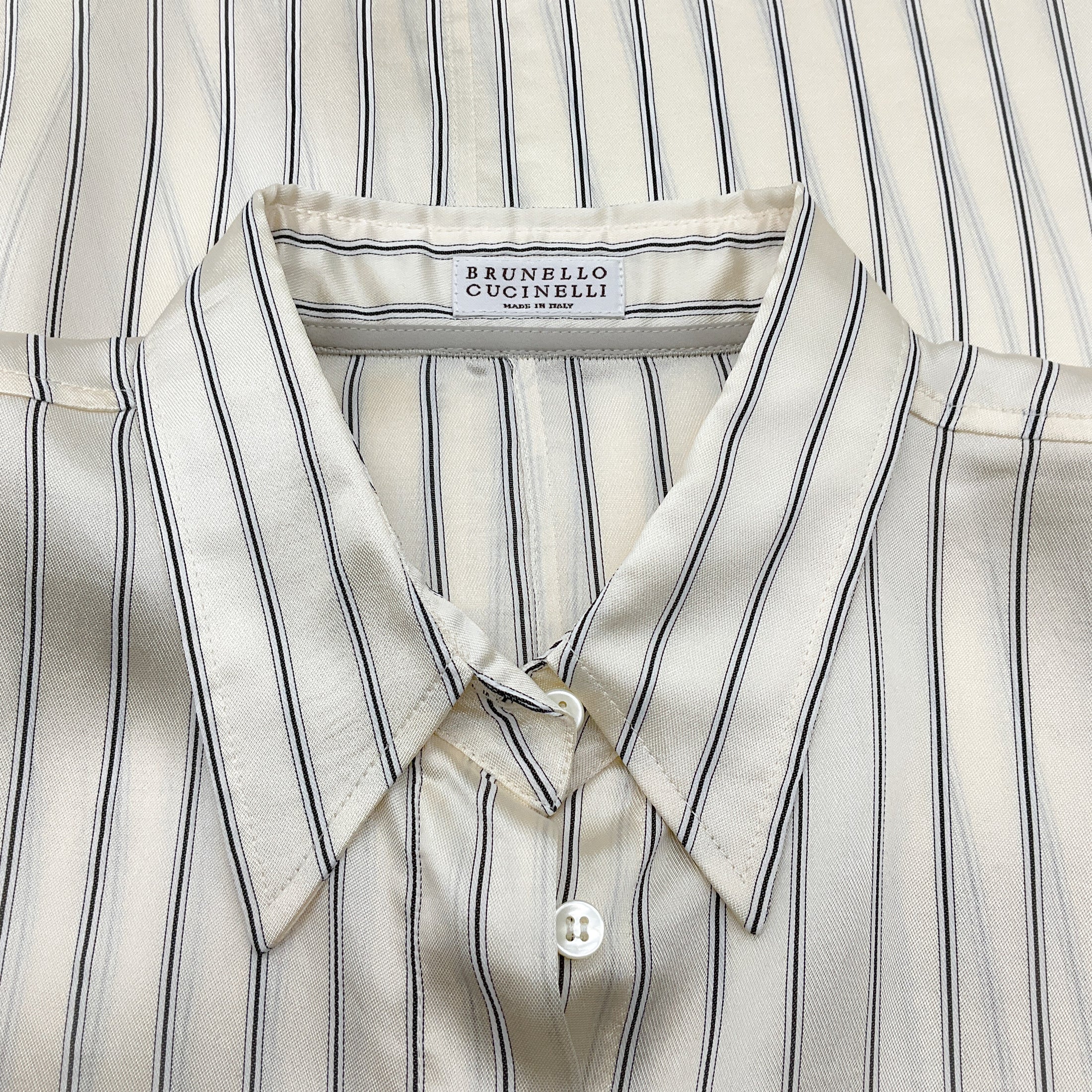 Brunello Cucinelli Ivory Oversized Blouse with Black Pinstripes
