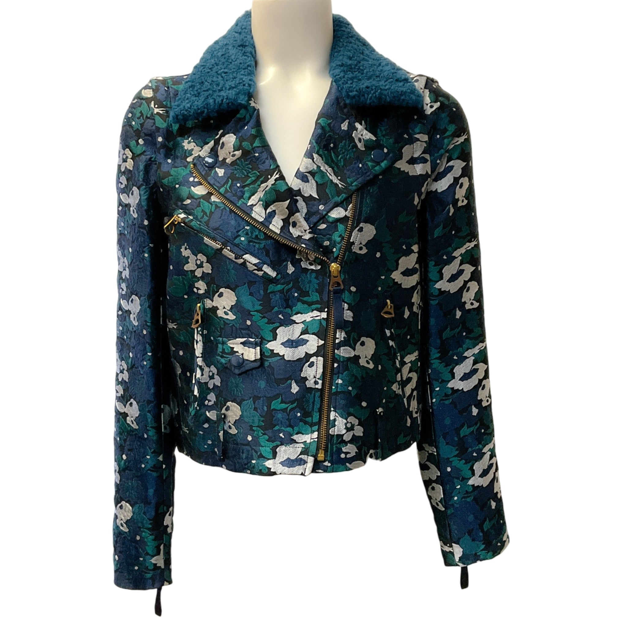 Opening Ceremony Teal Brocade Convertible Jacket / Vest with Shearling

