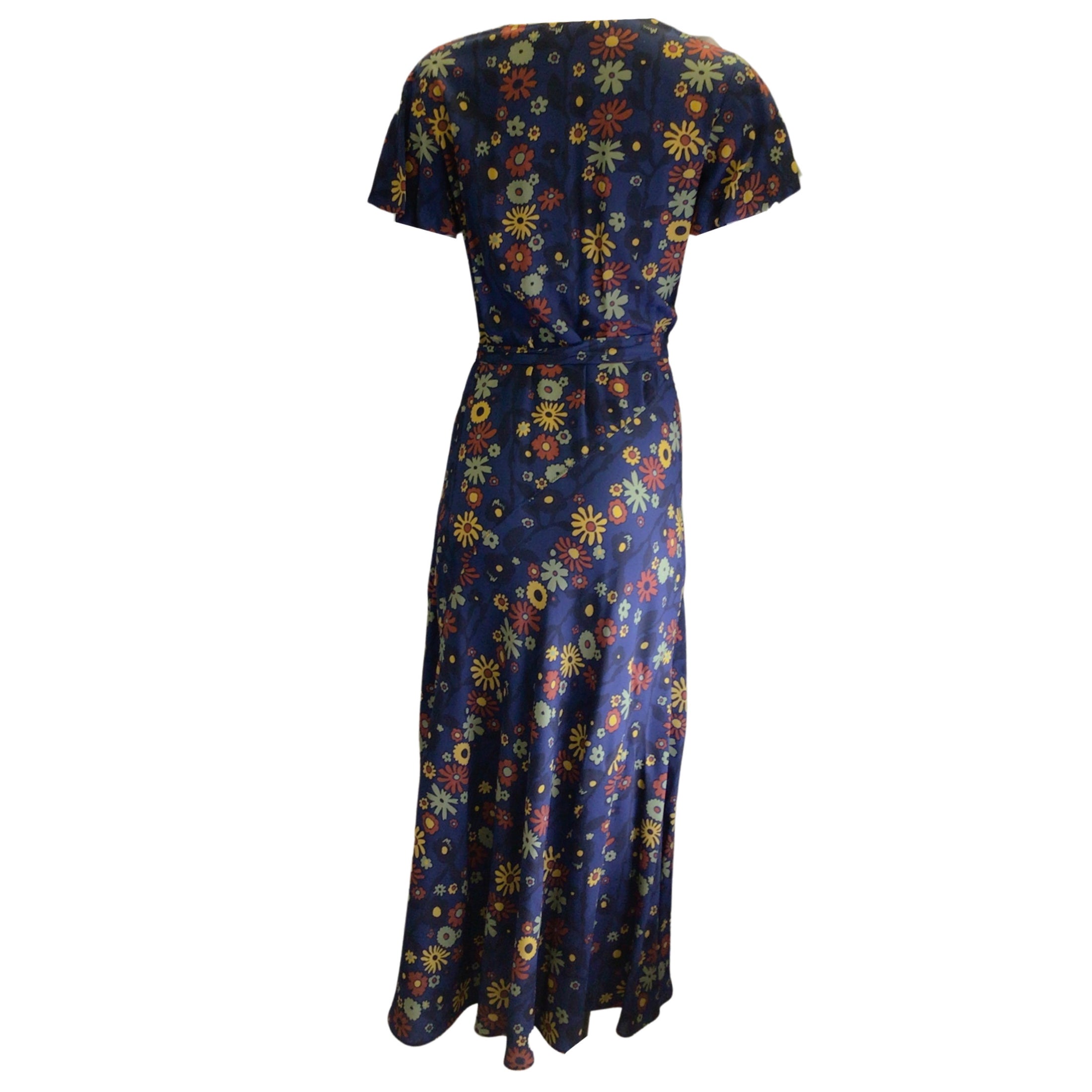 Marni Navy Blue Multi Belted Floral Printed Short Sleeved Crepe Dress