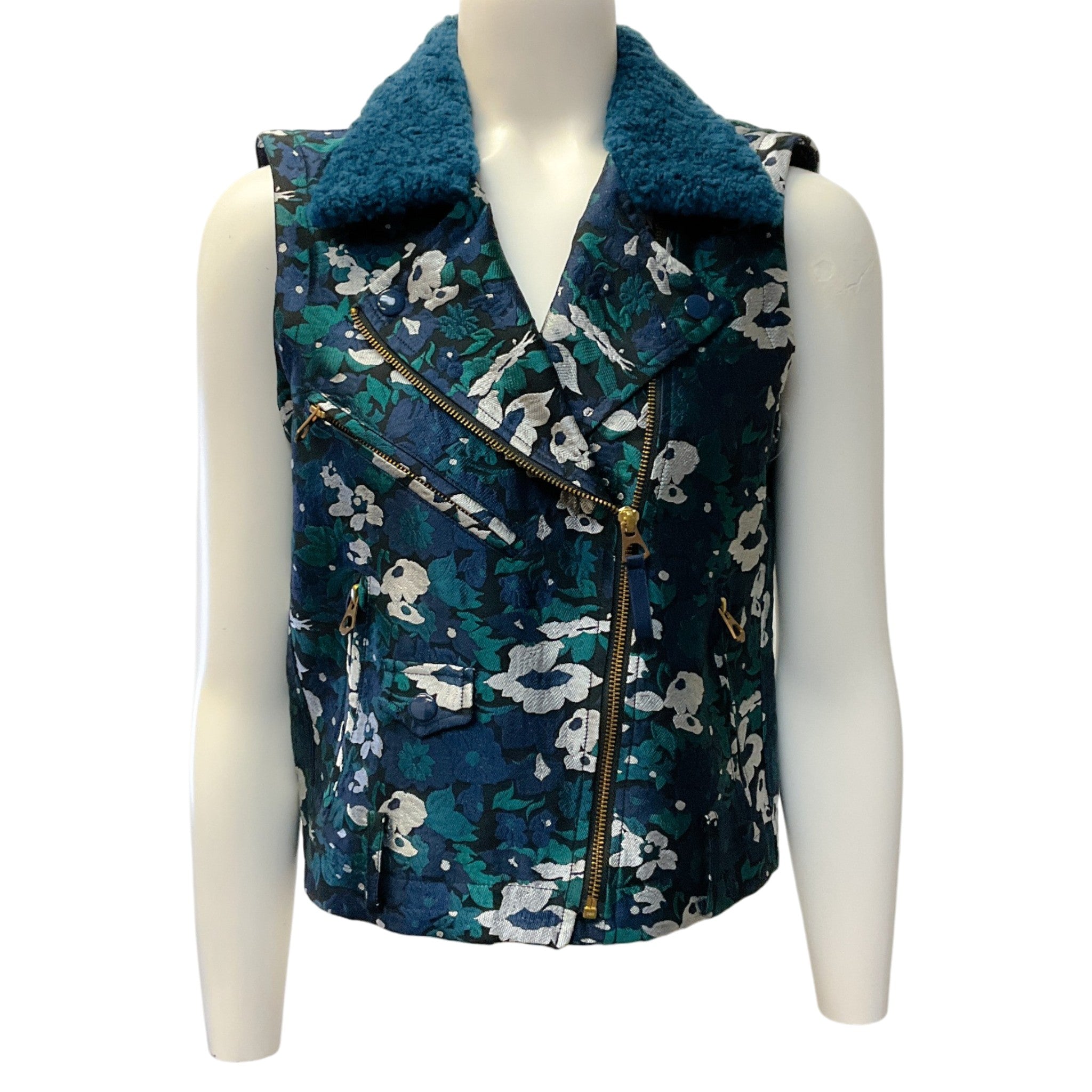 Opening Ceremony Teal Brocade Convertible Jacket / Vest with Shearling