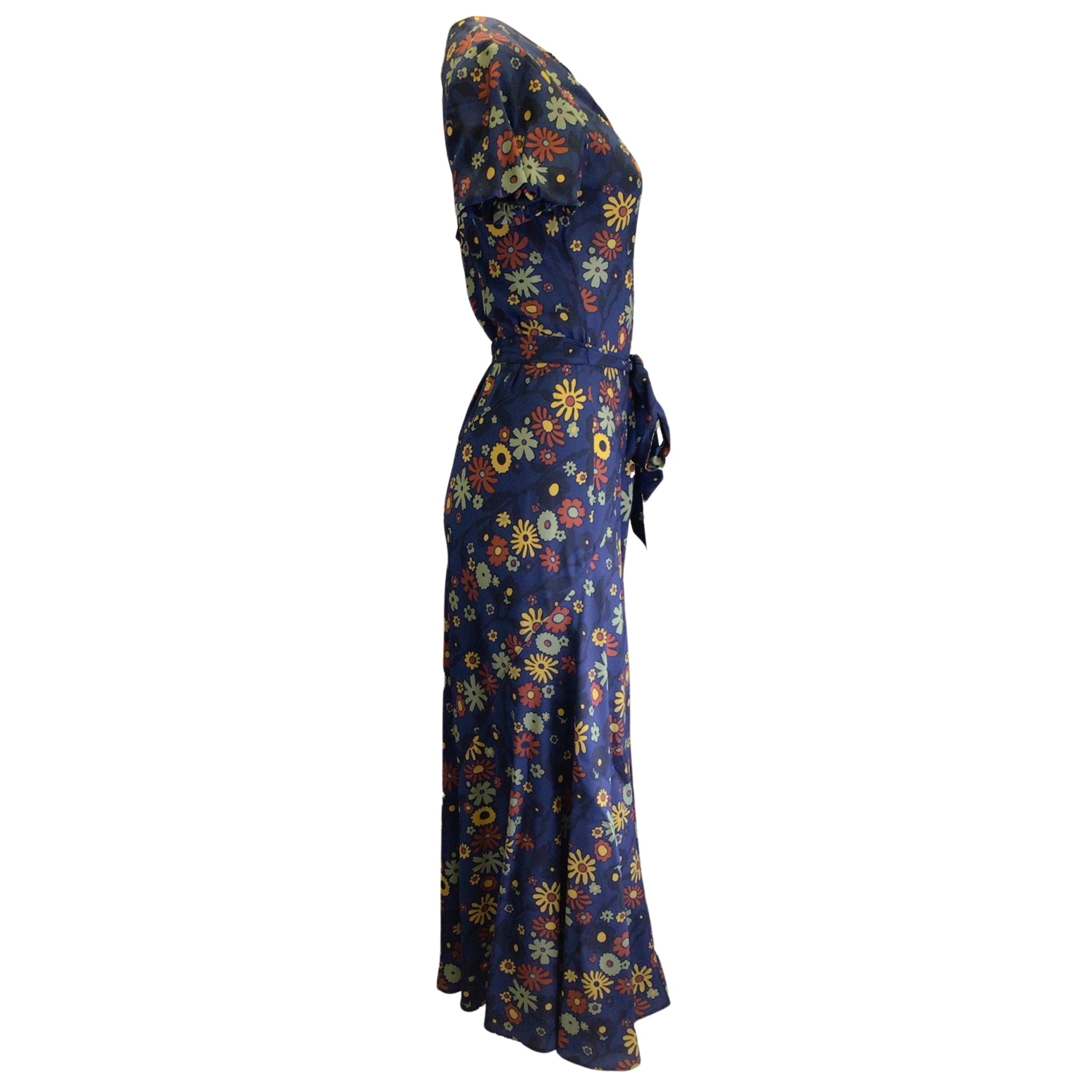 Marni Navy Blue Multi Belted Floral Printed Short Sleeved Crepe Dress