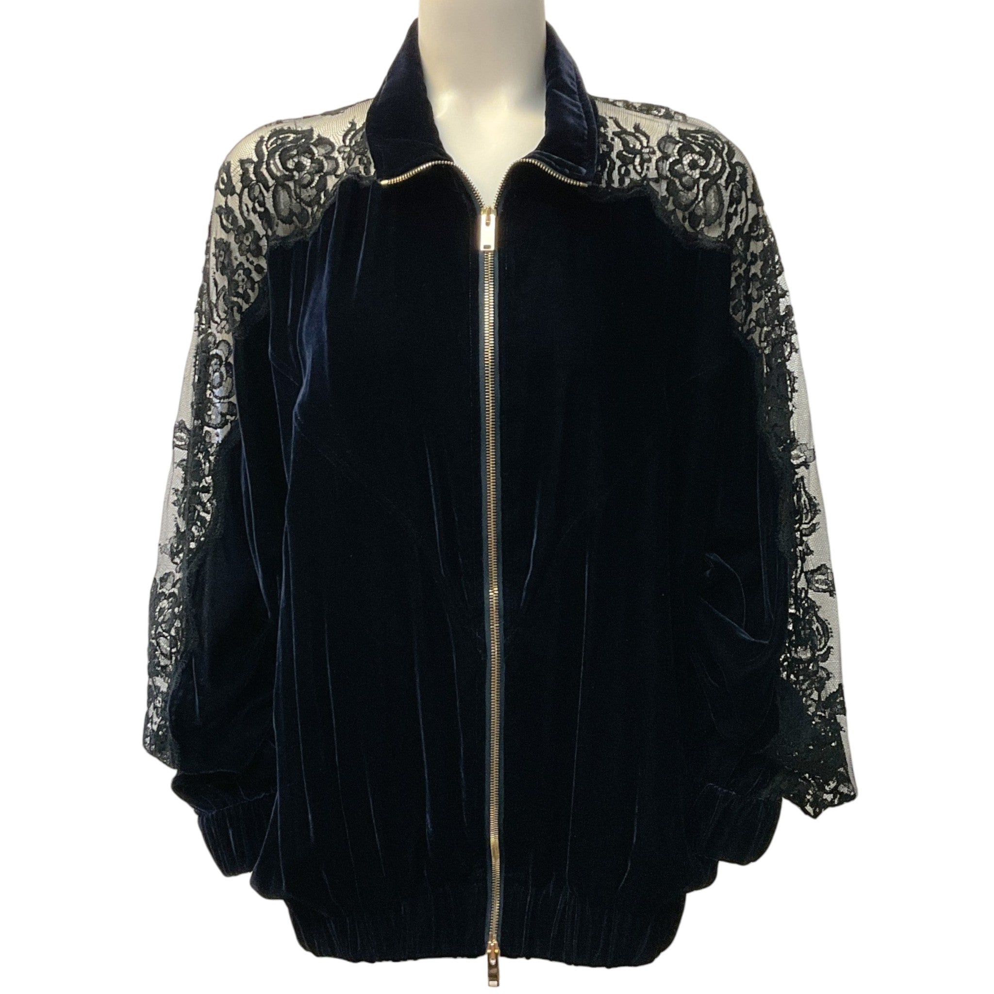Stella McCartney Navy Blue Velvet Bomber Jacket with Lace Sleeves

