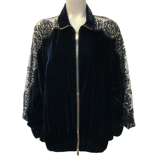 Stella McCartney Navy Blue Velvet Bomber Jacket with Lace Sleeves
