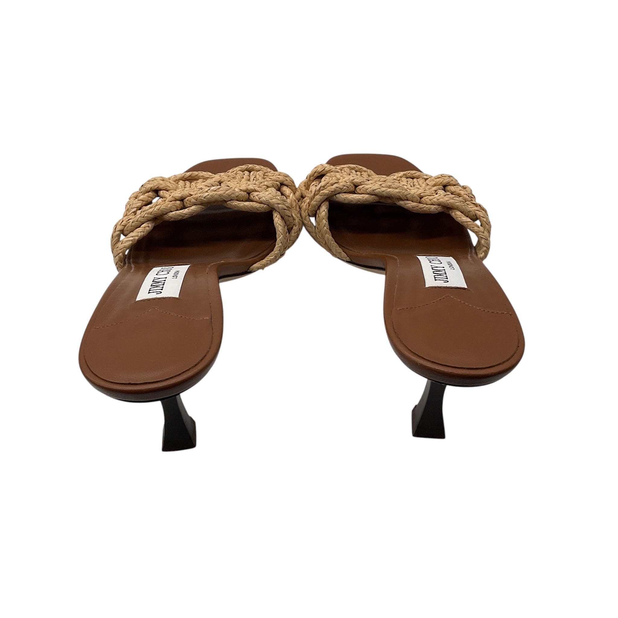 Jimmy Choo Tan Chara 70 Leather and Crochet Raffia Mule Sandal