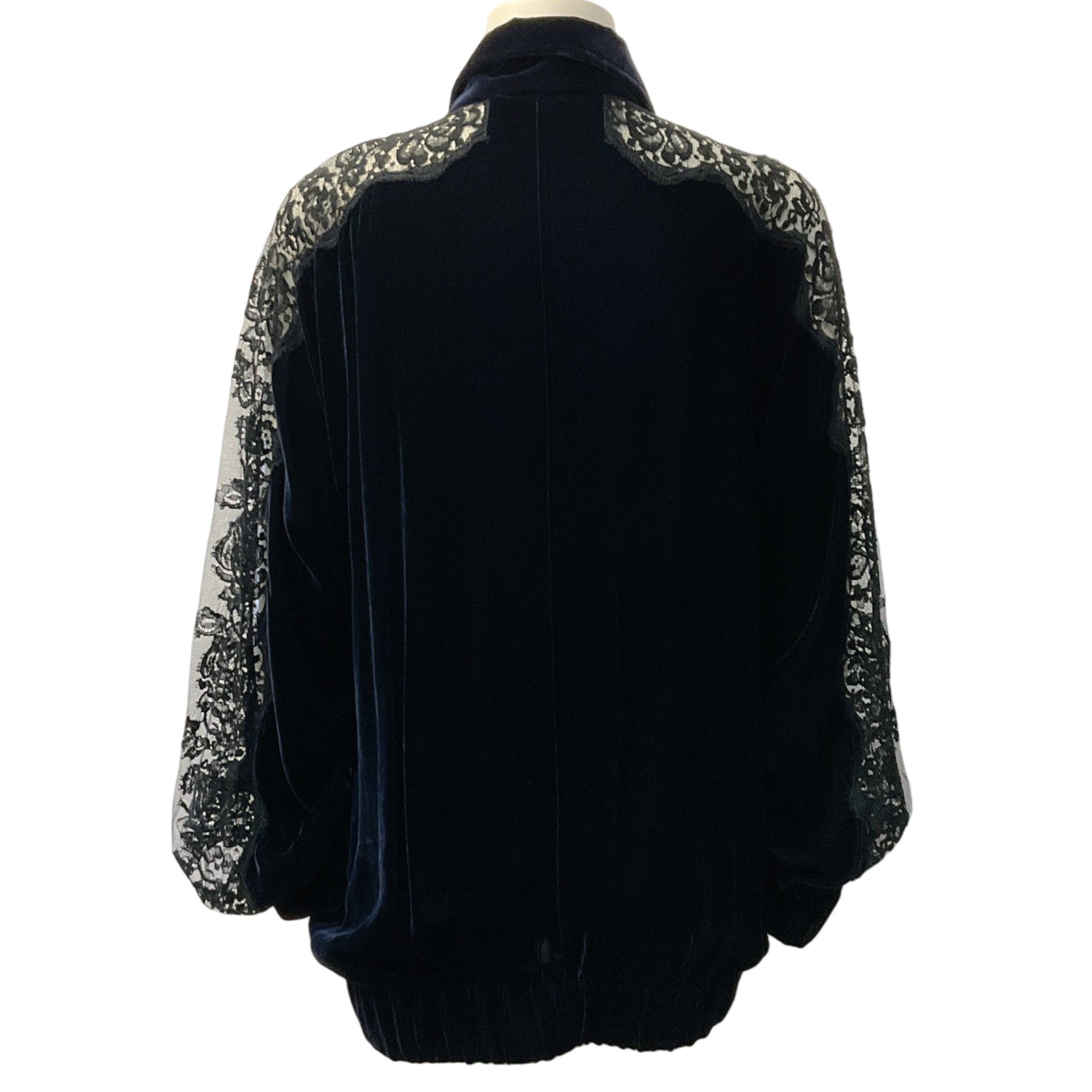 Stella McCartney Navy Blue Velvet Bomber Jacket with Lace Sleeves