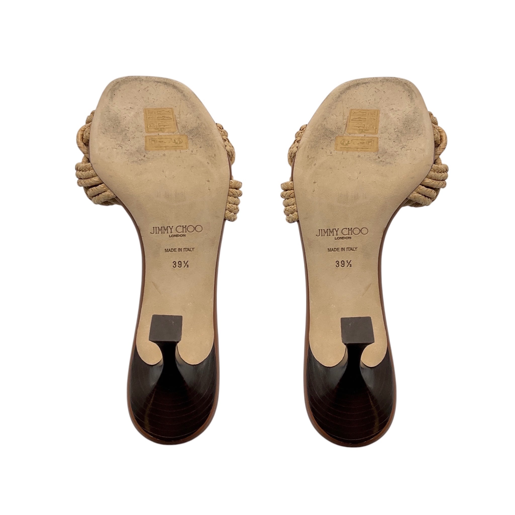 Jimmy Choo Tan Chara 70 Leather and Crochet Raffia Mule Sandal