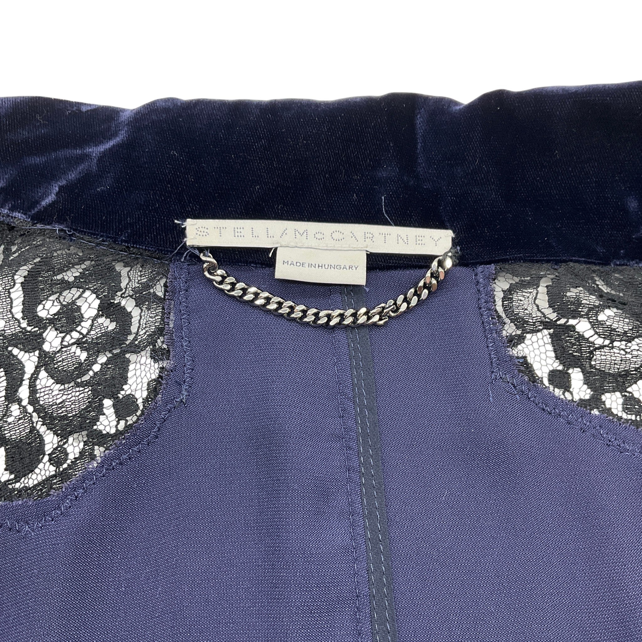 Stella McCartney Navy Blue Velvet Bomber Jacket with Lace Sleeves