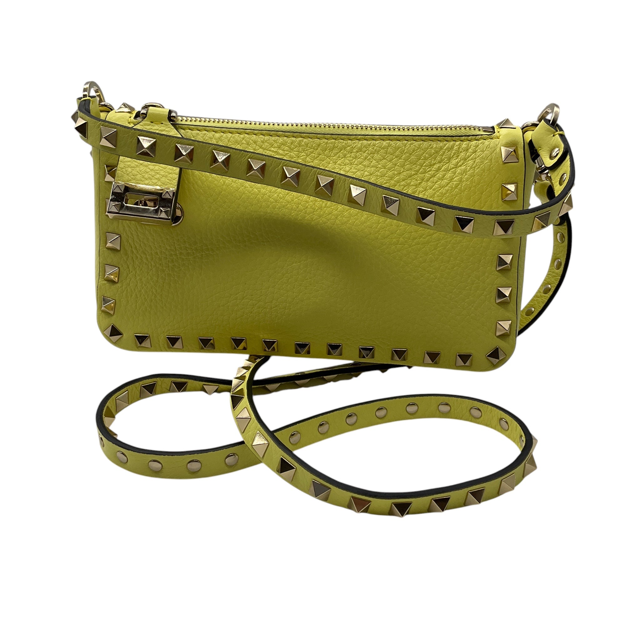 Valentino Yellow / Gold Rockstud Grained Leather Crossbody Bag