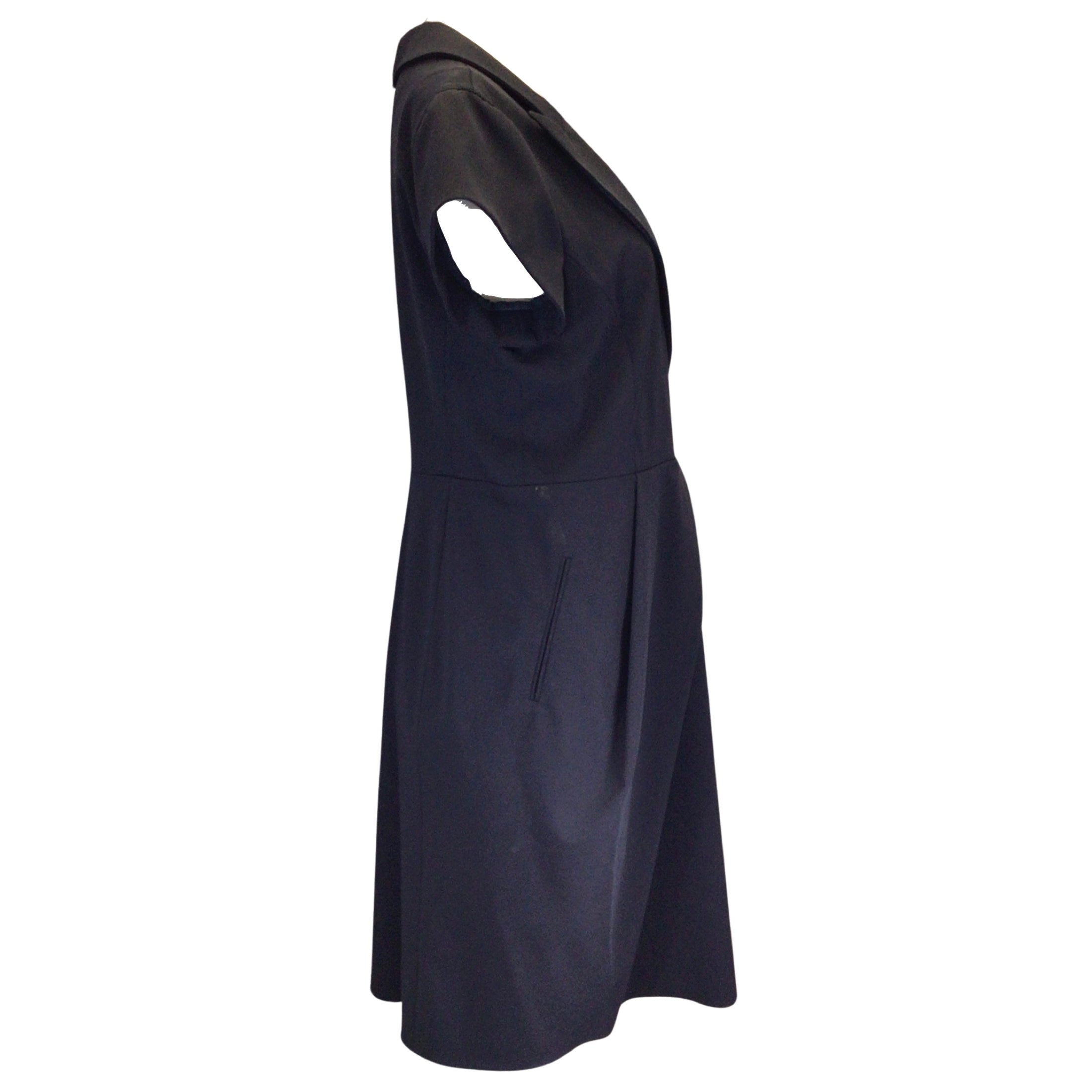 Giorgio Armani Navy Blue Short Sleeved Silk Lined V-Neck Wool Dress