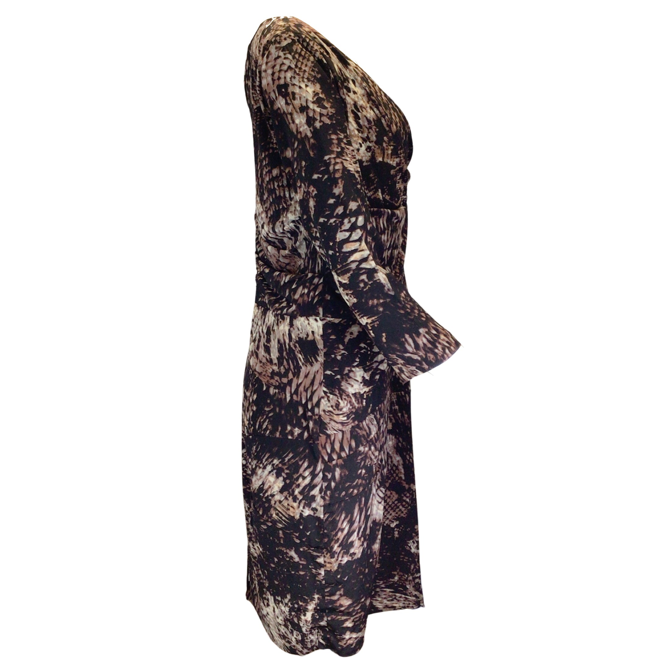 Samantha Sung Black / Brown Printed Ruched Long Sleeved V-Neck Silk Midi Dress
