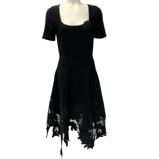 Oscar de la Renta Black Dress with Asymmetrical Floral Lace Hem
