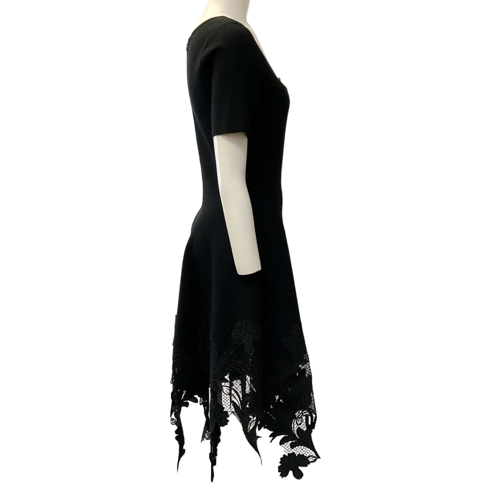 Oscar de la Renta Black Dress with Asymmetrical Floral Lace Hem