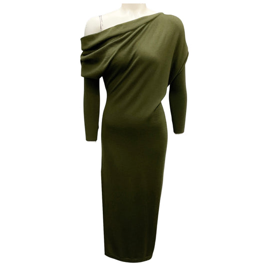 Tom Ford Military Green One Shoulder Cashmere and Silk Knit Midi Dress