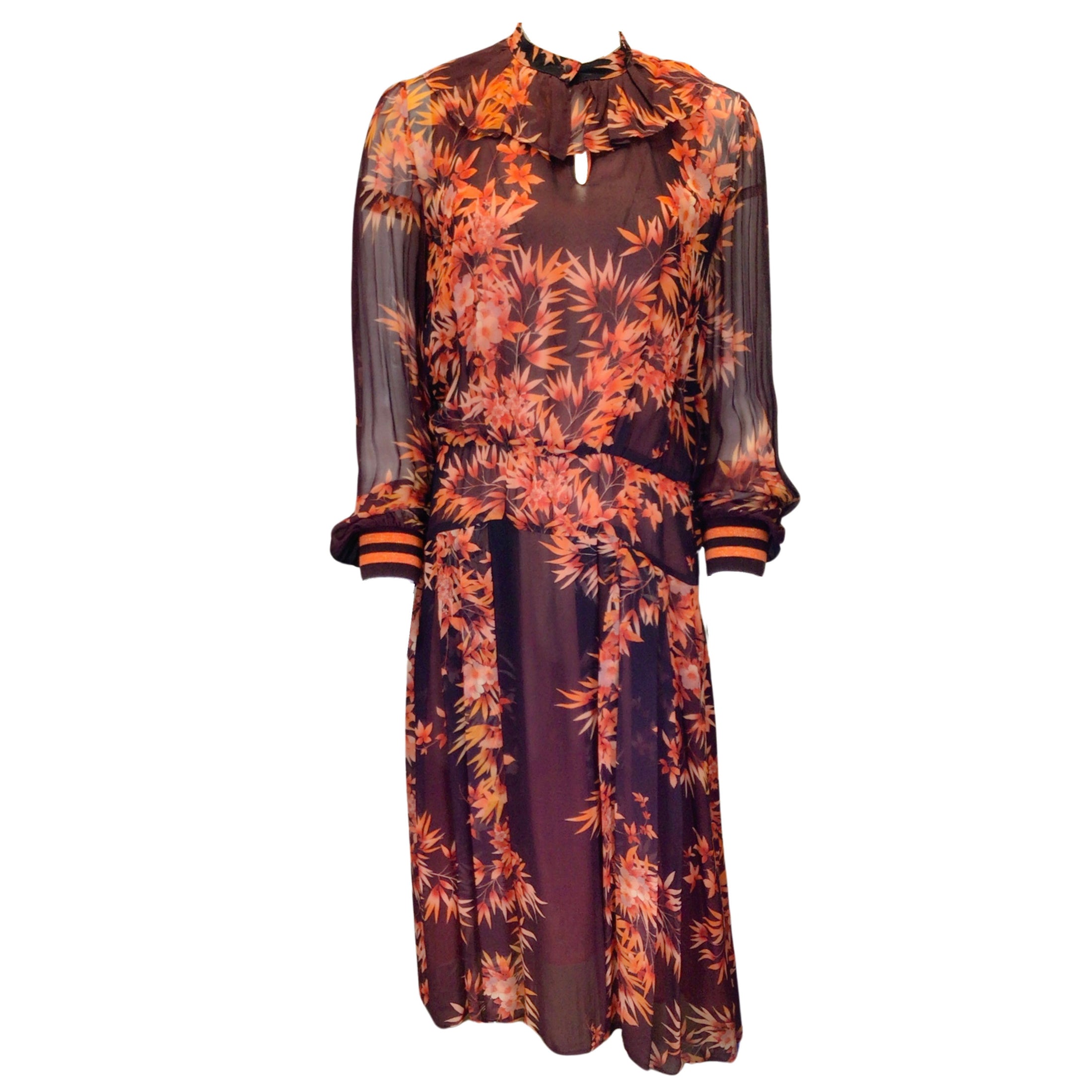 Warm Burgundy / Orange Multi Floral Printed Long Sleeved Silk Midi Dress