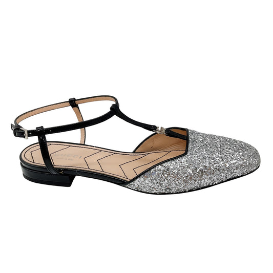 Gucci Silver Glitter and Patent Leather Double G Slingback Ballet Flats