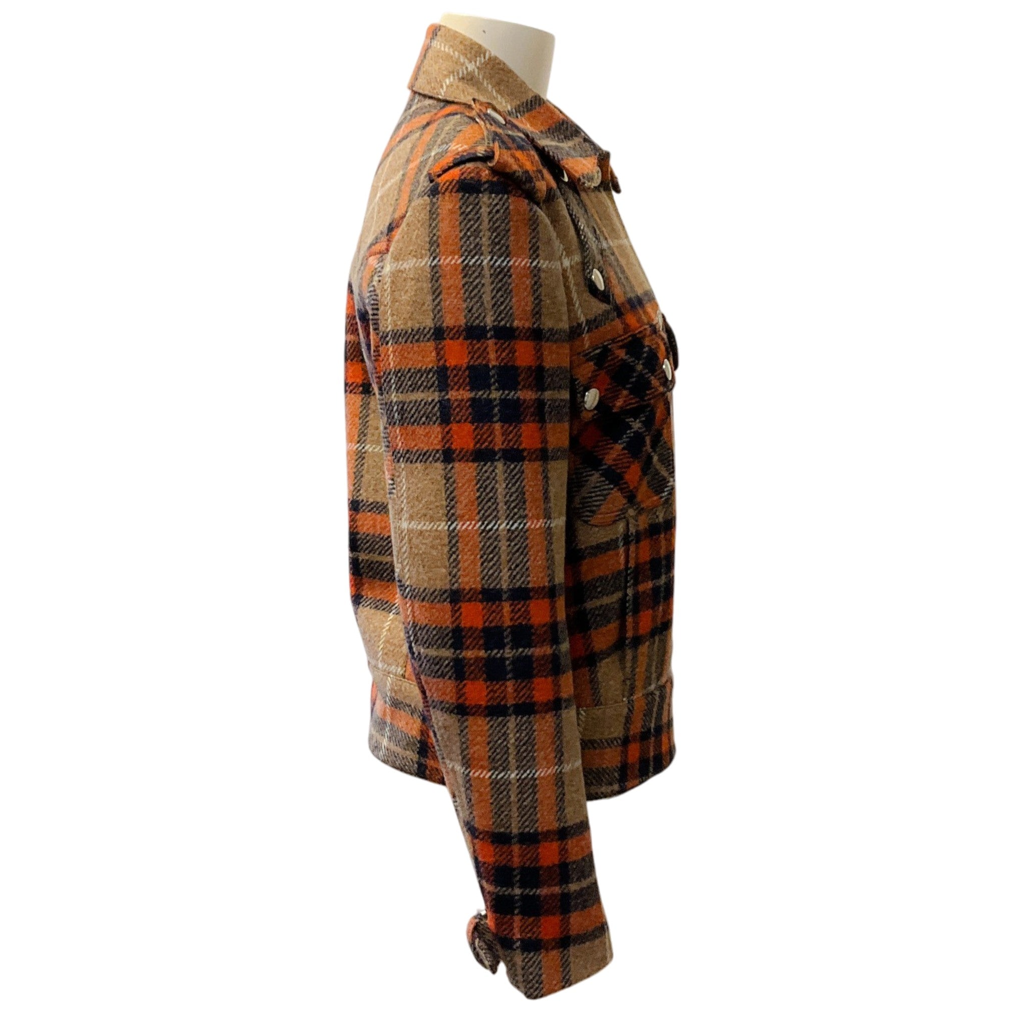 Barbara Bui Orange / Navy / Beige Wool Plaid Jacket with Belted Hem
