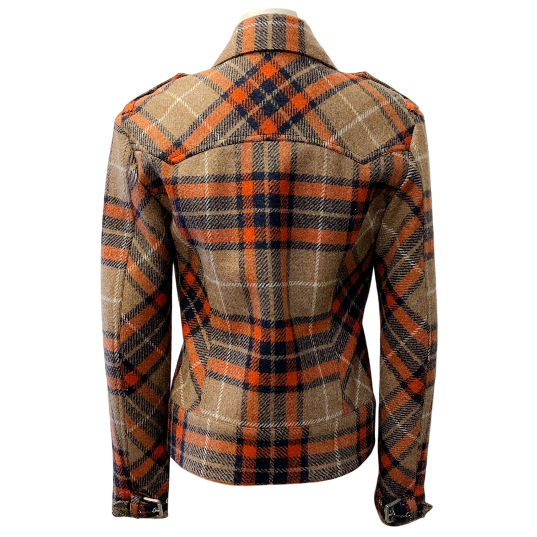 Barbara Bui Orange / Navy / Beige Wool Plaid Jacket with Belted Hem